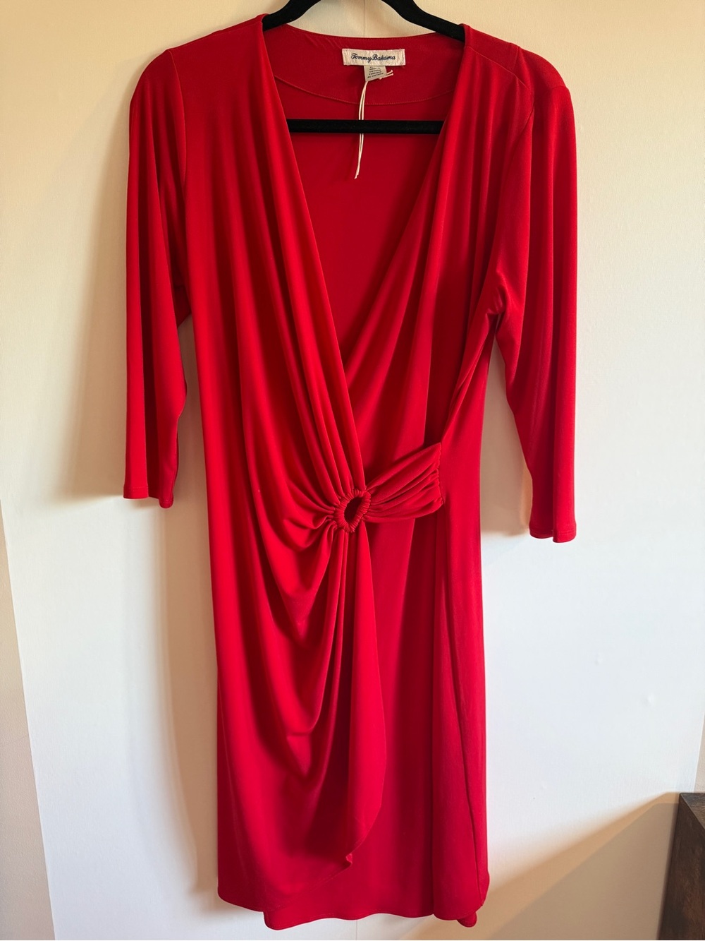 Tommy Bahama Red Faux Wrap Dress Medium NWOT Ruched Ring Detail Cocktail Midi